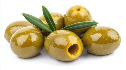 Fresh Green Olives with Olive Leaves on White Background