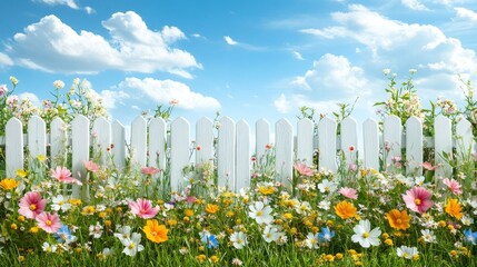 A beautiful garden scene with blooming wildflowers and a charming white picket fence against a clear blue sky with fluffy white clouds