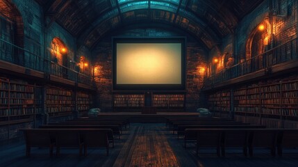 Obraz premium Atmospheric Library with Large Projection Screen and Comfortable Seating