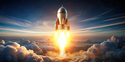 A majestic spacecraft ascends through a breathtaking sunrise, leaving a trail of incandescent brilliance above a sea of clouds.