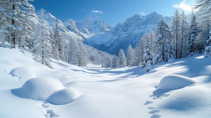 Obraz premium Majestic snow covered mountain range with pristine valley and snow laden evergreen trees under bright winter sky