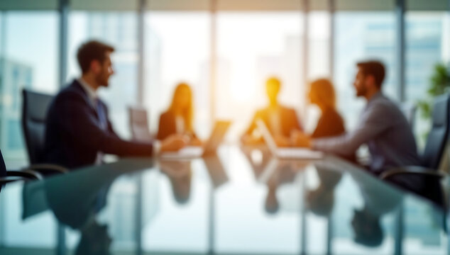 blured Modern office meeting with professionals seated at a glass table, natural light flooding the room for a productive and collaborative workspace atmosphere