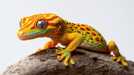 Obraz premium Vivid Gecko Resting on a Branch Against White Background
