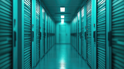 Fototapeta premium A dimly lit corridor lined with storage units, featuring metallic doors and a cool blue-green ambiance.