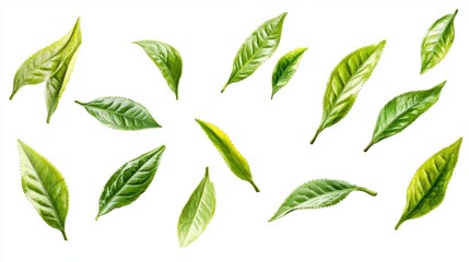 Various Fresh Green Leaves Isolated on White Background Image