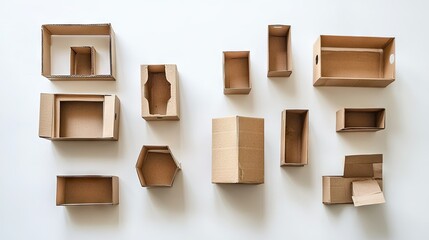 Obraz premium A group of cardboard boxes, some open and some closed, arranged casually on a white surface