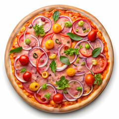 A pink-colored pizza topped with fresh vegetables, featuring a unique crust and vibrant toppings, isolated on a transparent background.