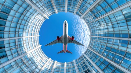 Obraz premium Airplane Flying Above Modern Glass Building in Circular View