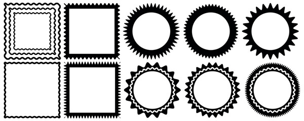 Set of scalloped border and round frame set. Square circle and rectangle shape. Vector lace frill. Scalloped edge rectangle shape. Zig zag stamps or wiggle stickers for photo, badge, tag design. Curvy