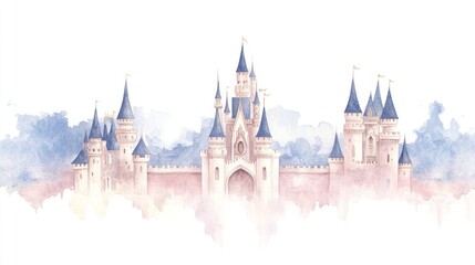 Obraz premium Enchanting Watercolor Pink Castle on Isolated White Background - Magical Fairytale Illustration