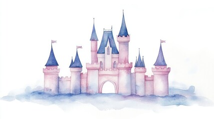 Fototapeta premium Enchanting Watercolor Pink Castle on Isolated White Background - Magical Fairytale Illustration
