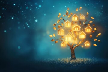 Glowing Tree with Houses Symbolizing Investment Growth