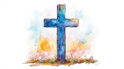 Christian Cross Watercolor Illustration on White Background