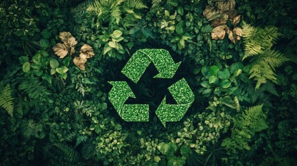 Green Recycle Symbol Surrounded by Lush Greenery and Plants
