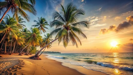 A serene tropical ocean beach scene with swaying palm trees and warm sandy shores, captured in a vintage tone with film distress flare effects , golden hour, outdoor