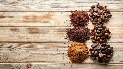Aromatic Coffee Beans and Ground Coffee Variations on Rustic Wooden Surface