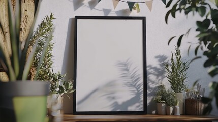 Blank Frame Surrounded by Plants and Decorative Elements in Room