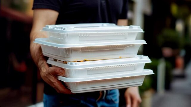 Close up of a man's hand holding a white polystyrene take-out food box with two stacked on top