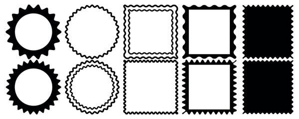 Set or rectangular scalloped frame shapes with squiggly borders. Square scalloped frame. Set of round scalloped frame set. Simple label and sticker form. 