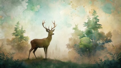 Majestic Stag in a Misty Woodland Landscape, a Serene and Tranquil Nature Scene Depicted with Artistic Watercolor Textures