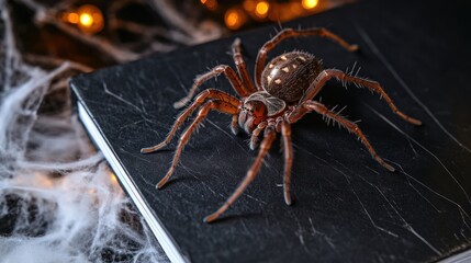 Large brown spider on a black book with Halloween decorations in the background.