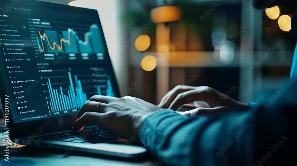 Poster businessmen use computers to analyze performance statements