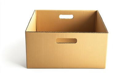 A large cardboard box with handles cut out on the sides, isolated on a bright white background