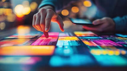 Person Using Touchscreen Display with Colorful Data Visualization