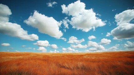 Obraz premium Vibrant Orange Field Under a Blue Sky with Fluffy White Clouds