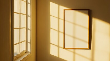Sunlight illuminates empty frame on wall, next to window.