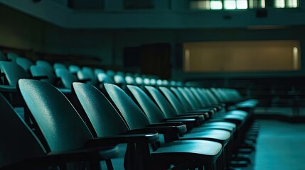 Fototapeta premium A peaceful shot of empty stadium seats in rows, with soft lighting casting shadows and giving a serene and quiet atmosphere