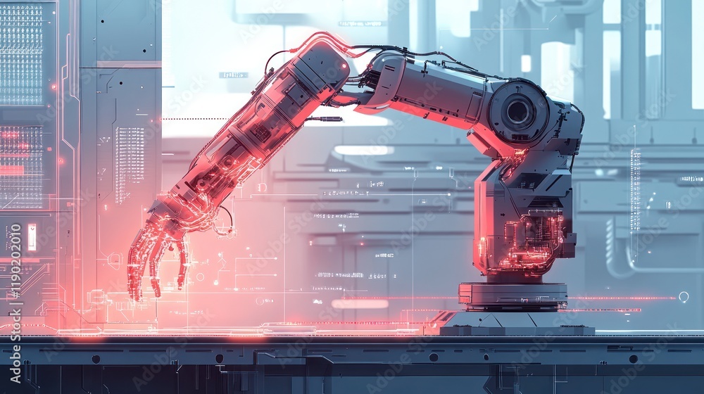 Poster robotic arm manipulating object in futuristic factory.