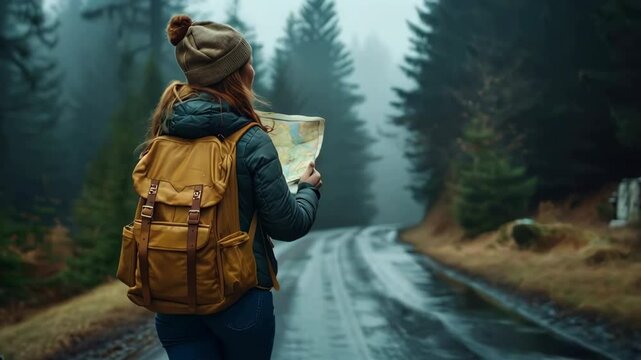 A female tourist is in the forest with a map looking for a way out