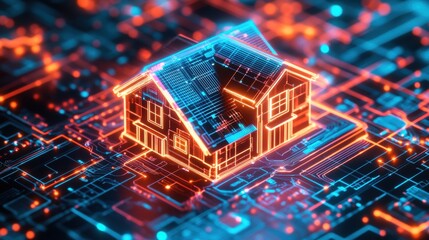Obraz premium Digital House Model with Circuit Background in Neon Colors