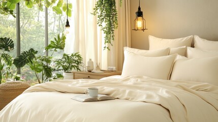 Cozy Bedroom with Soft Bedding and Natural Greenery Decor
