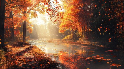 Autumnal Forest Stream Golden Leaves Pathway Sunlight