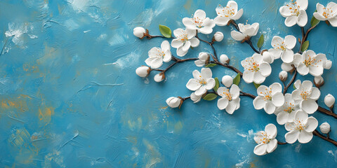 Beautiful floral spring abstract background with blooming flowers. Spring branch with white cherry blossom on blue background. Mothers Day concept,