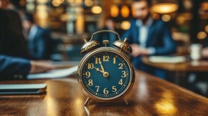 Vintage Alarm Clock with Blue Dial in Busy Office Setting
