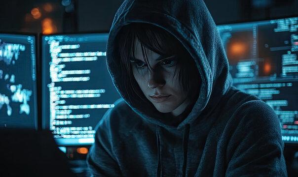 Hooded Figure Gazing at a Computer Screen with Intricate Lines of Code