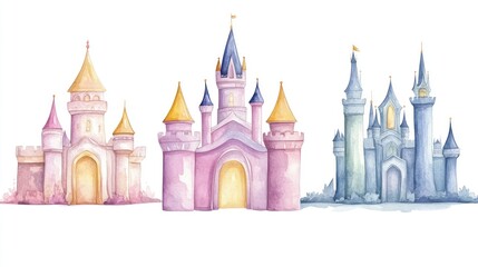 Fototapeta premium Enchanting Watercolor Pink and Yellow Castle Isolated on White Background