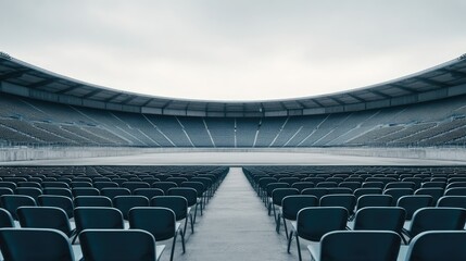 Obraz premium A quiet stadium with empty rows of seating under an overcast sky, highlighting the scale and symmetry of the stadium layout