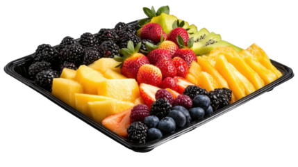 A vibrant assortment of fresh fruits arranged beautifully on a serving tray. transparent background