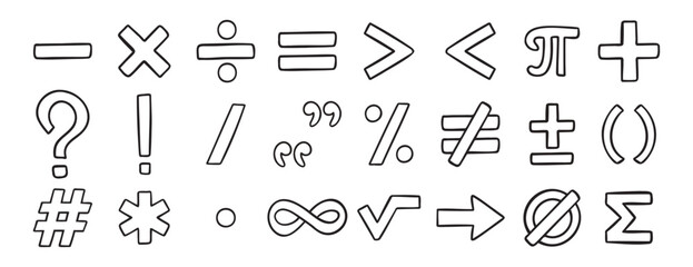 math symbols doodle hand drawn icon set. Outline drawing line clipart symbol collection