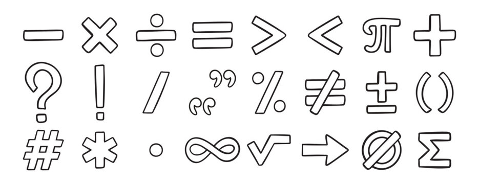 math symbols doodle hand drawn icon set. Outline drawing line clipart symbol collection