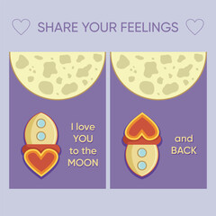 Cute design of a card representing love and cute feelings.  Illustration with a rocketship. Love you to the moon and back