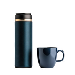 Stylish thermos and cup set perfect for enjoying beverages on the go. transparent background