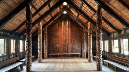 Ancient Maori Meeting House: Intricate Carvings and Wooden Grandeur