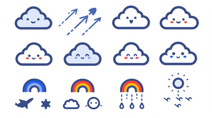 Cute weather icons featuring clouds, rainbows, and sun symbols