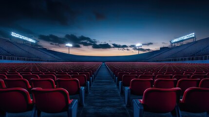 A tranquil, empty stadium with perfectly aligned seats in rows, creating a sense of solitude under the evening sky