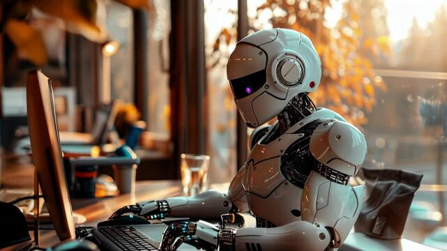 Artificial intelligence robot use computer do work in office